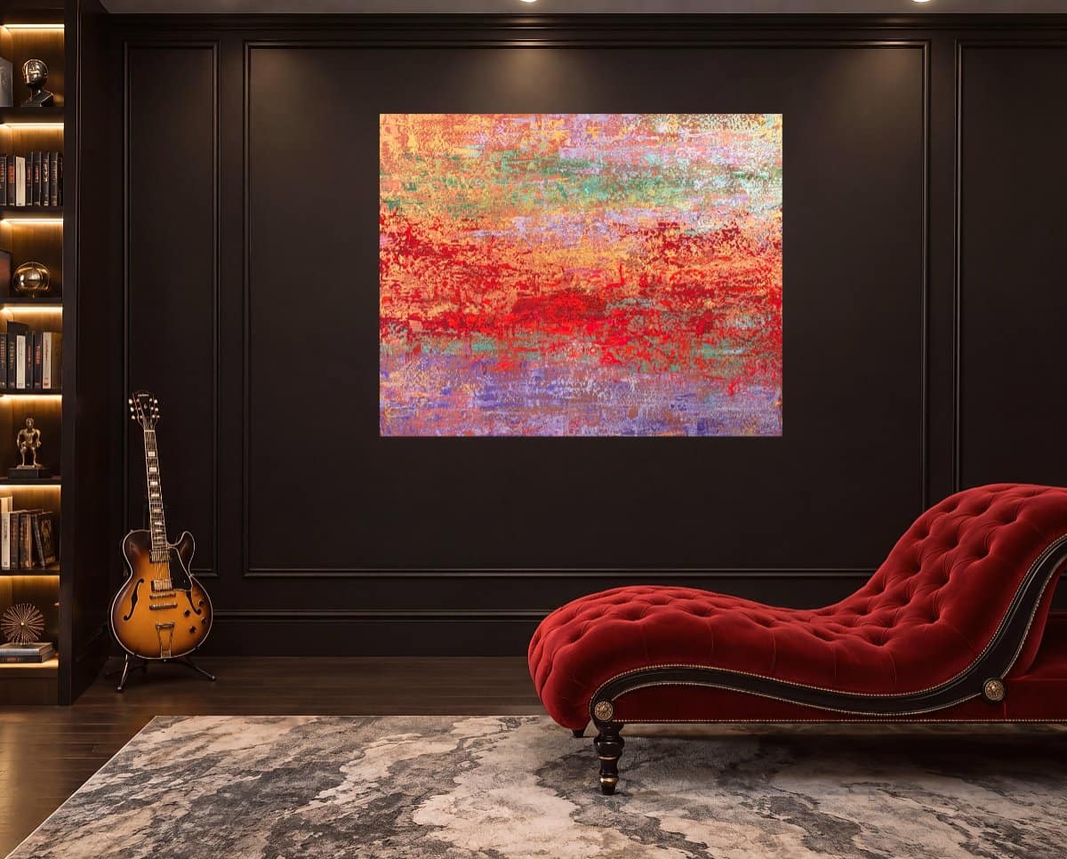 Atlantic Drift original abstract painting by Gregory Christeas displayed unframed on a dark paneled wall in a luxury interior with a red chaise lounge and guitar.
