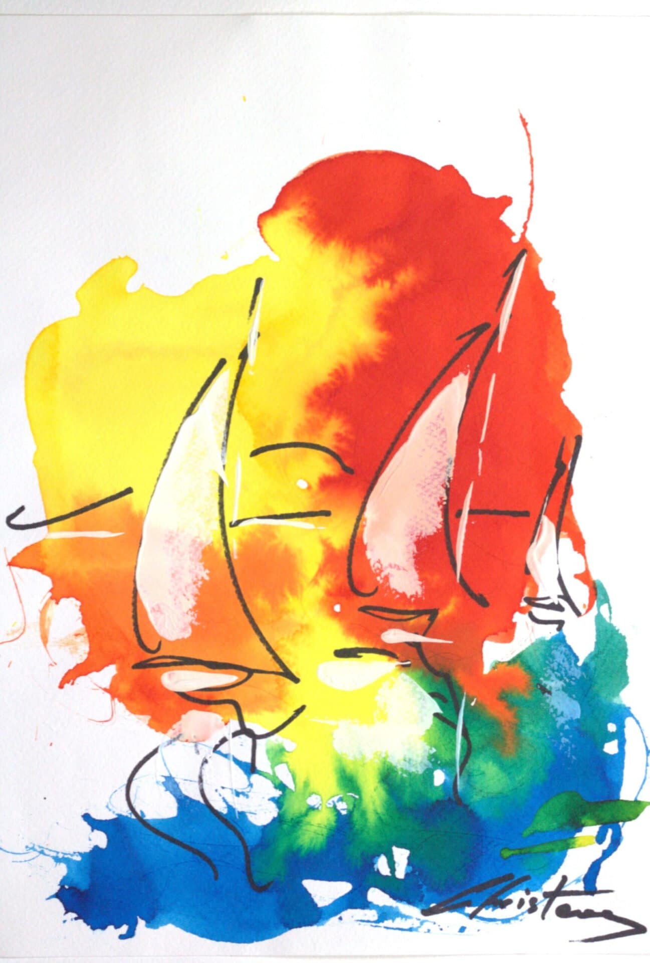 Hydra Boats original Greek Island ink and acrylic painting by Gregory Christeas 1960-1980 series