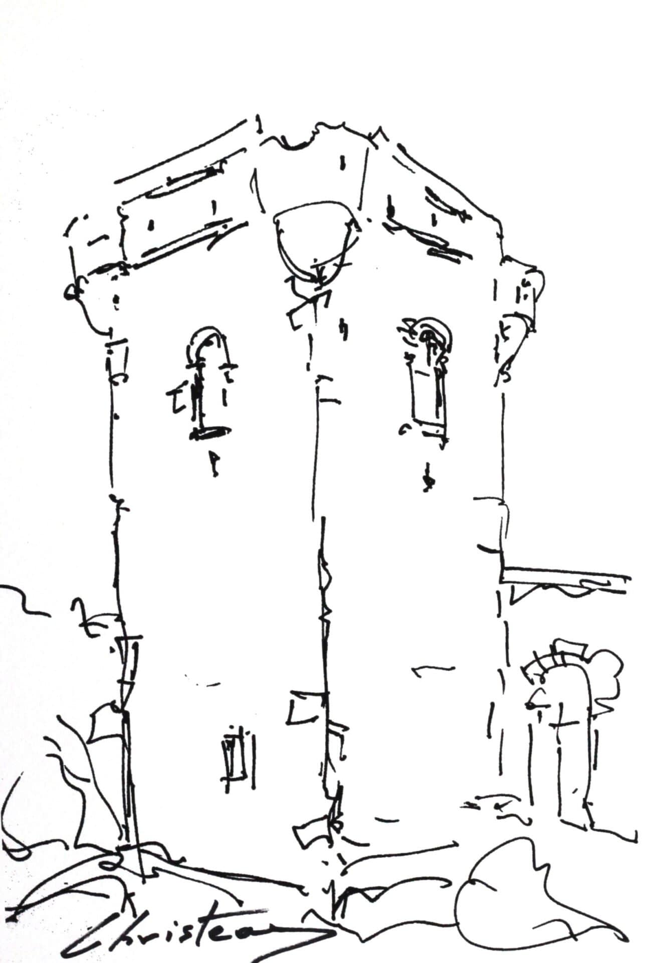 Christeas Tower original Greek ink drawing by Gregory Christeas 1960-1980 series