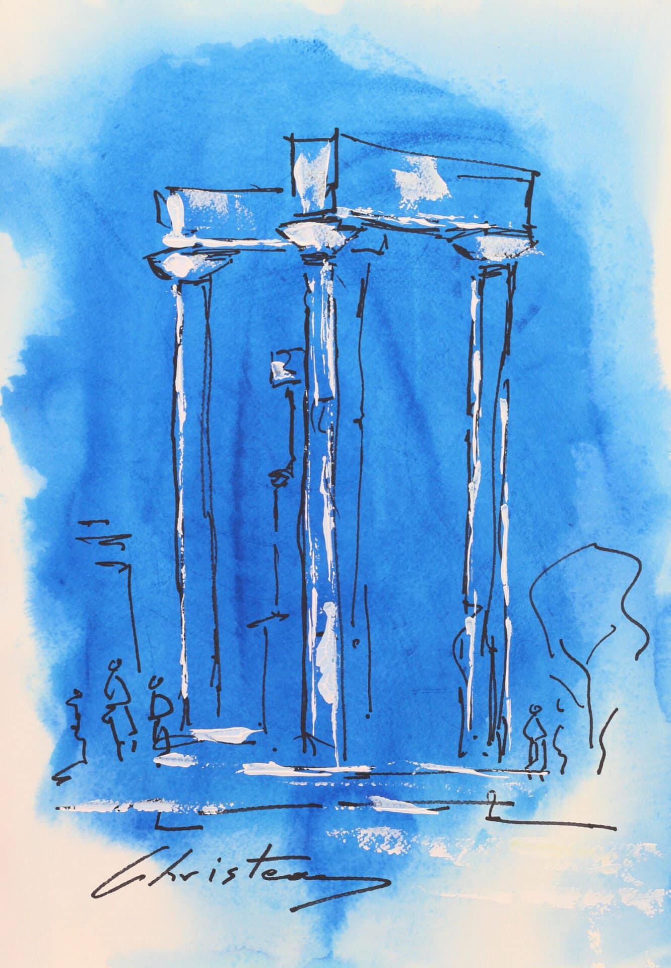 Poseidon Temple original Greek Island ink and acrylic painting by Gregory Christeas 1960-1980 series