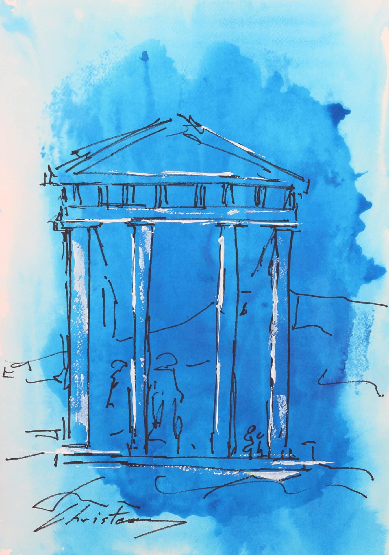 Temple of Aphaia original Greek Island ink and acrylic painting by Gregory Christeas 1960-1980 series