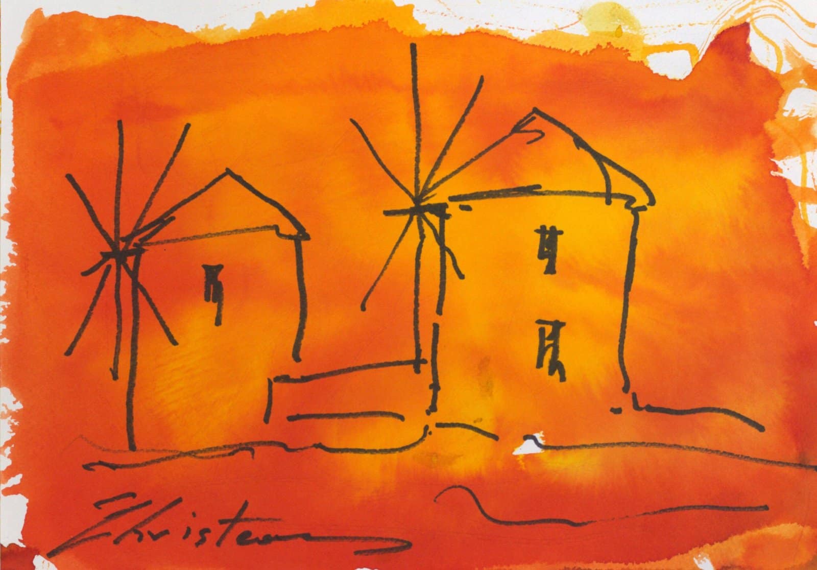 Windmills – Greek Islands 8.25"x11.6" Original Painting by Gregory Christeas
