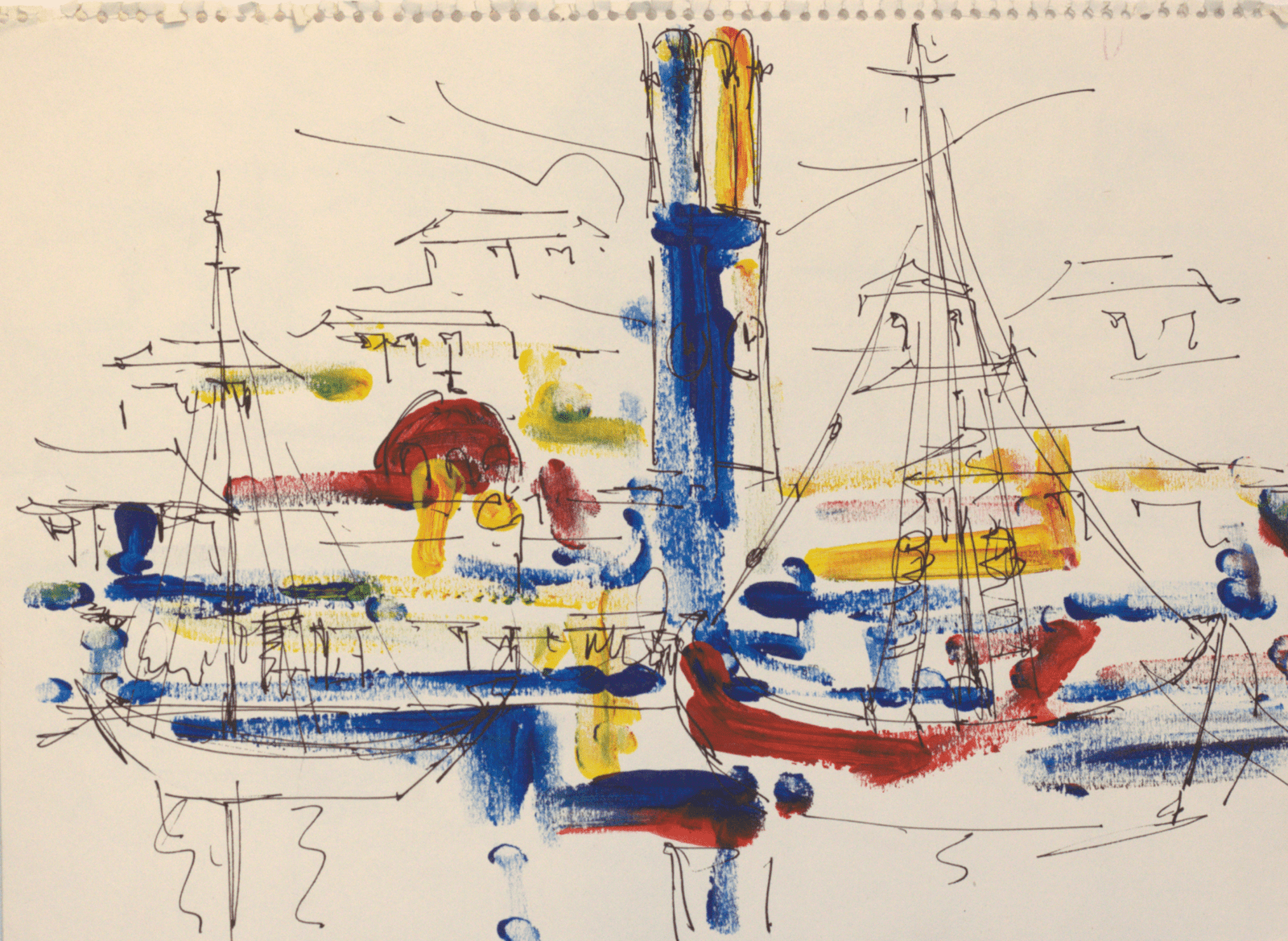 Hydra Clock Tower Two original Greek Island ink and acrylic painting by Gregory Christeas 1960-1980 series