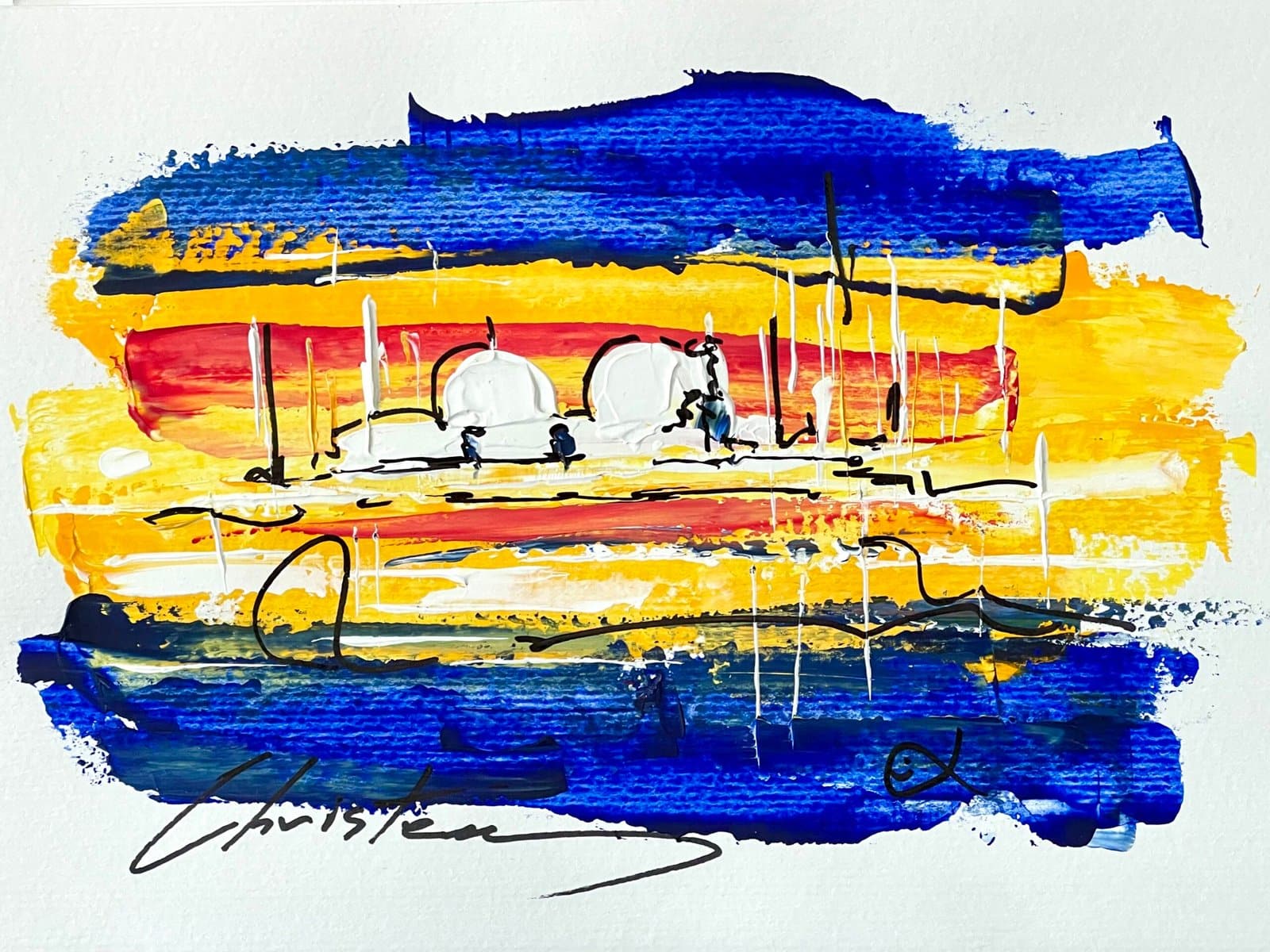 Island Aigina St. Nicholas original Greek Island ink and acrylic painting by Gregory Christeas 1960-1980 series