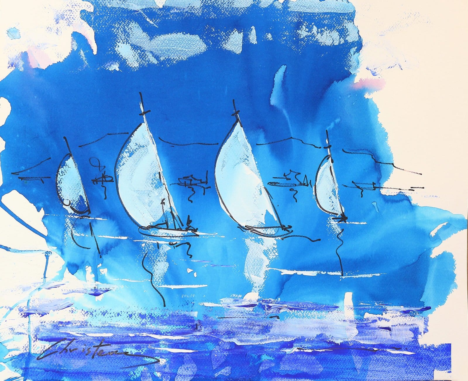 1974 Sailboats – Greek Islands acrylic and ink painting by Gregory Christeas 1960-1980 series
