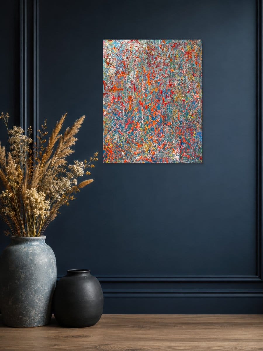 Wondering Now original abstract painting by Gregory Christeas displayed unframed on a dark navy wall in a modern interior.