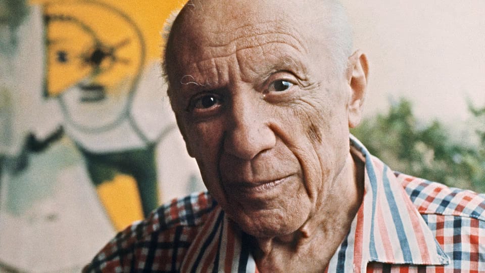 Pablo Picasso headshot recommending original abstract paintings by artist Gregory Christeas